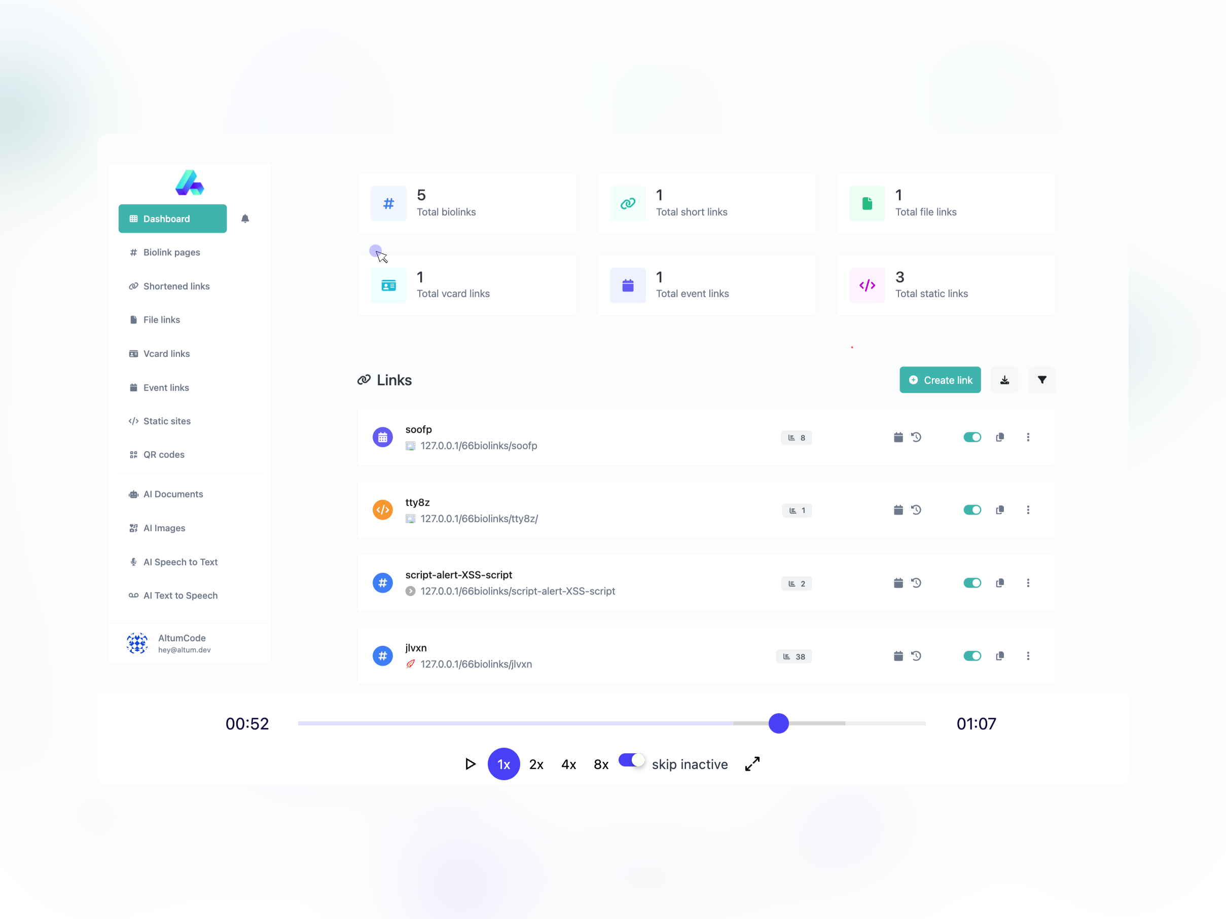 Captura de tela da página de reprodução de sessão do aplicativo