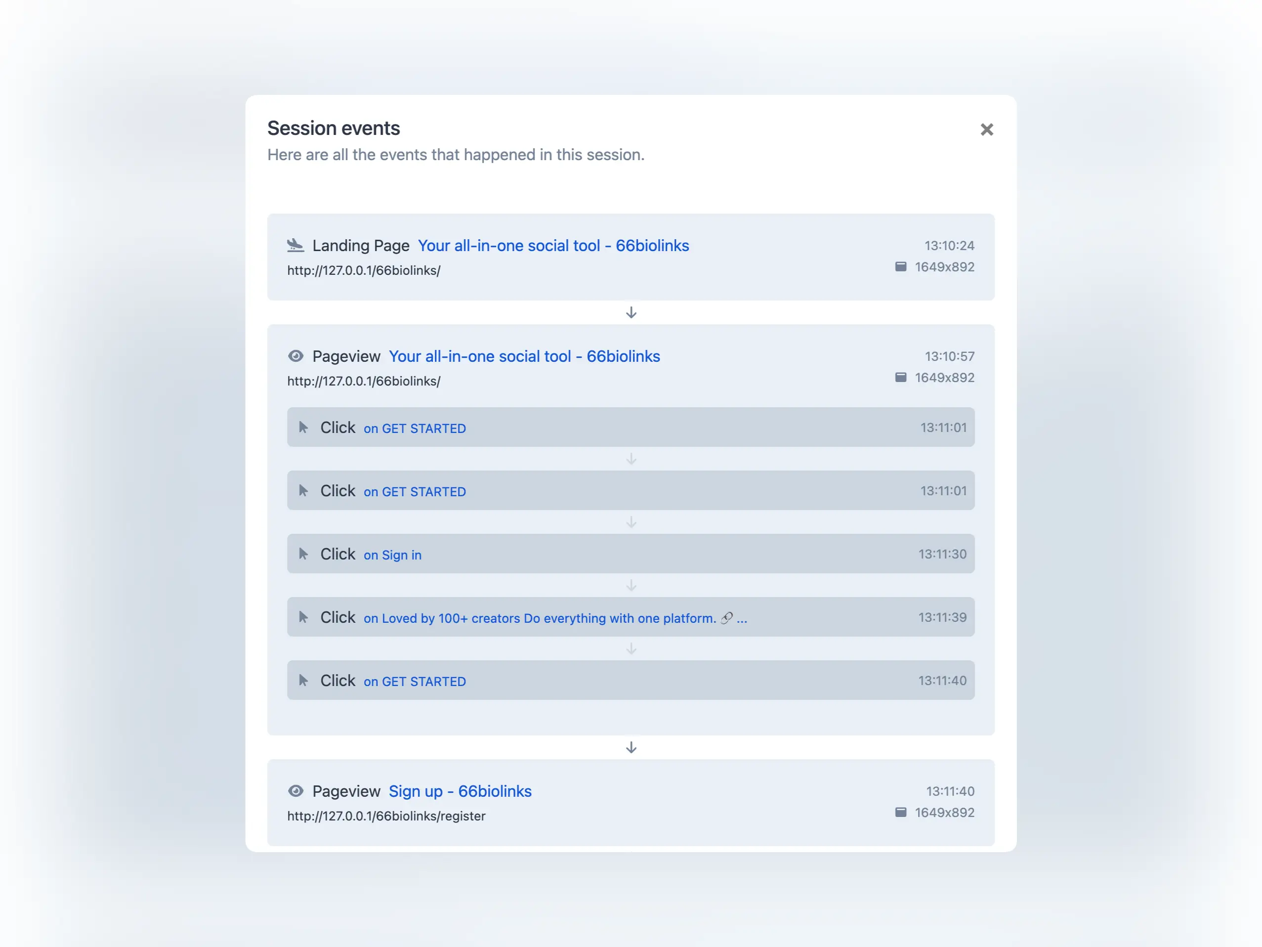Captura de tela da página de eventos do visitante do aplicativo
